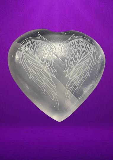 Engraved Angel Wings on Selenite Heart